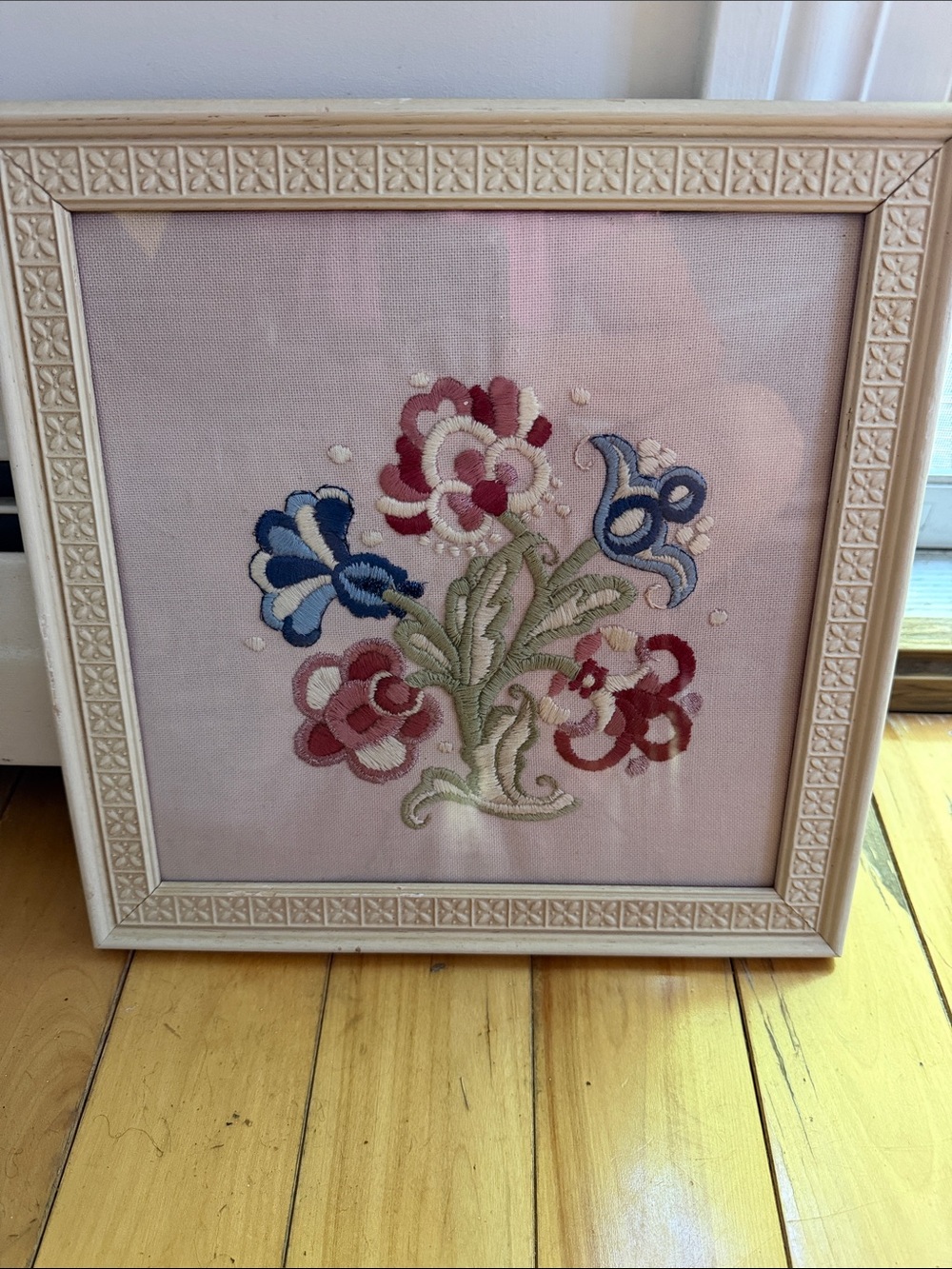 Framed Floral Crewel Embroidery Wall Art - Pink, Blue burgandy12x12 Vintage